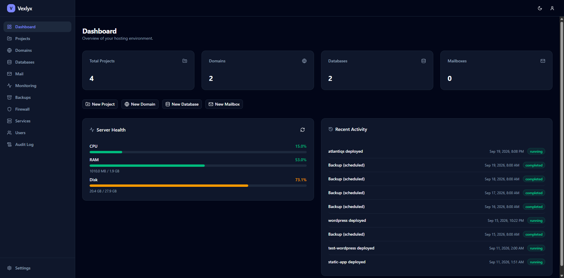 The Vexlyx dashboard: project, domain, database and mailbox counts, live server health for CPU, RAM and disk, and a recent activity feed of deploys and backups.