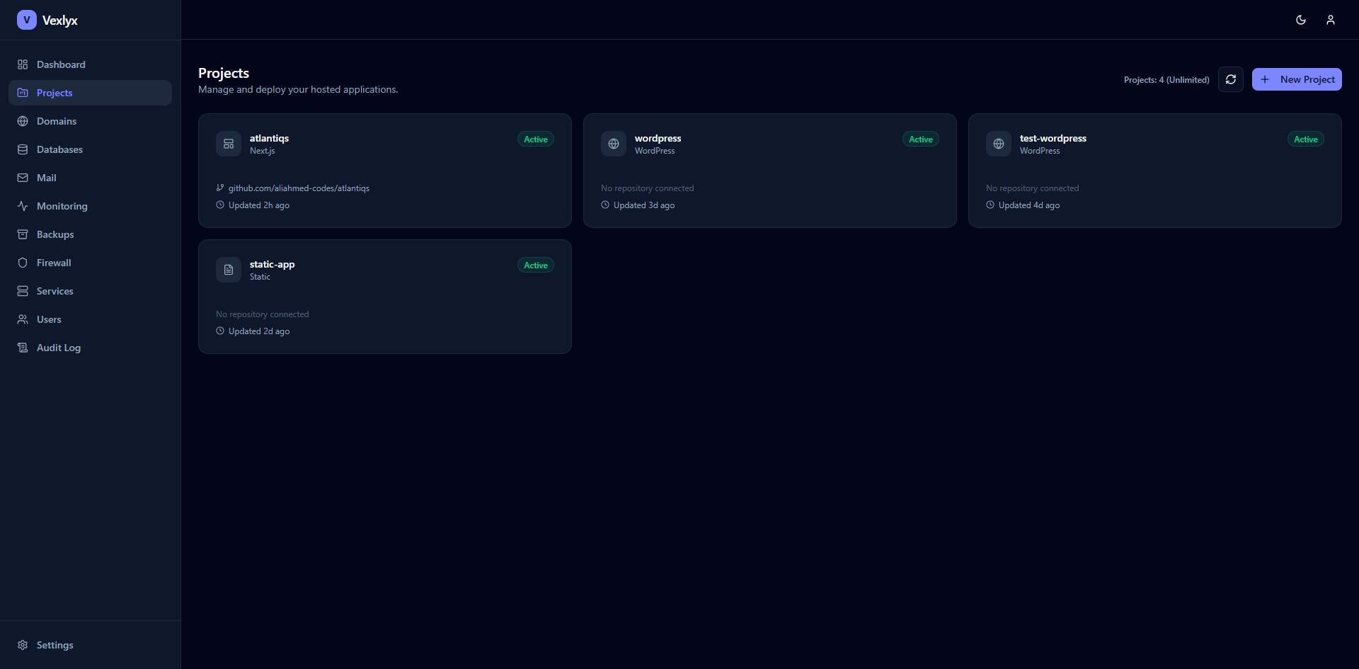 The Projects page: a grid of project cards for a Next.js app, two WordPress sites and a static site, each with an Active badge.